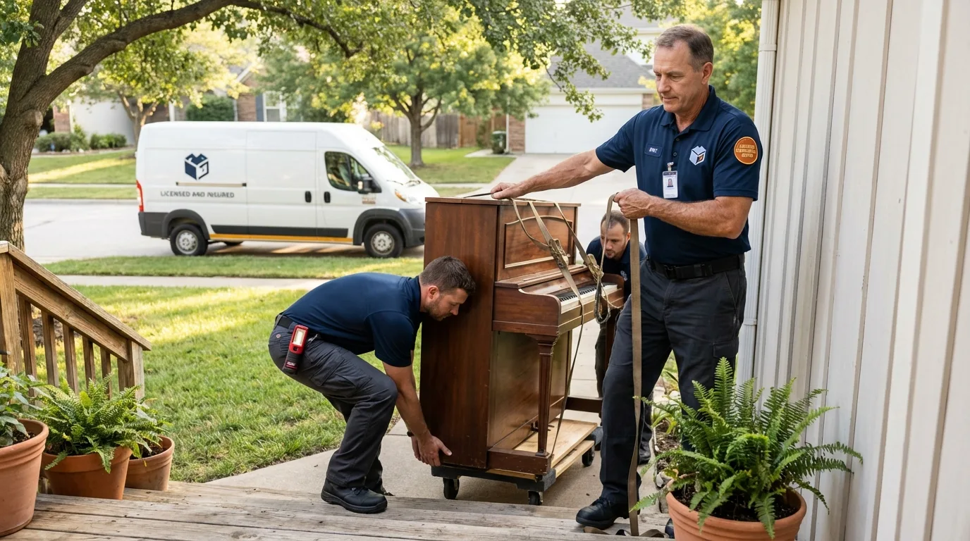 Licensed piano movers securing grand piano in Chula Vista, CA