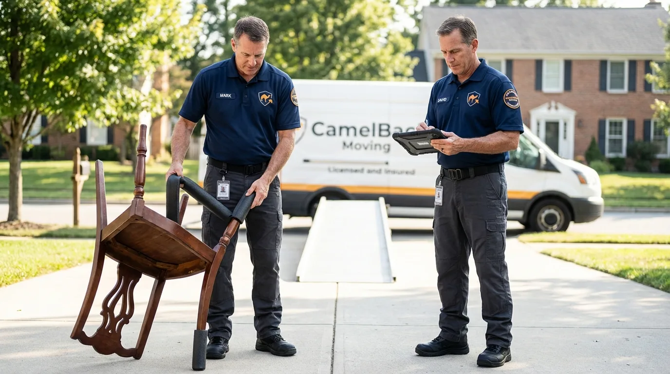 Movers inspecting furniture for damage prevention before loading in Chula Vista, CA