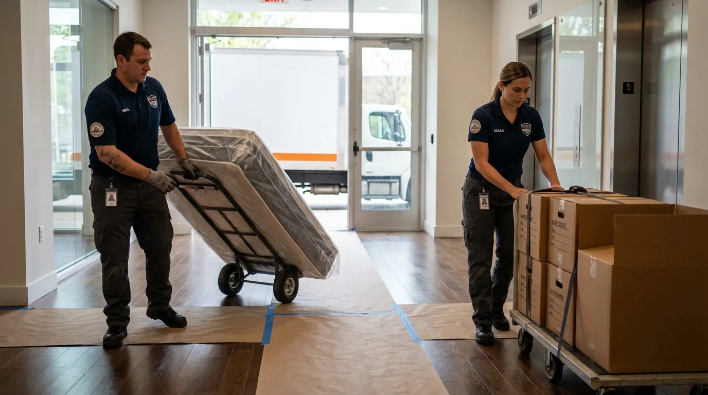 Professional apartment movers loading elevator in Chula Vista, CA