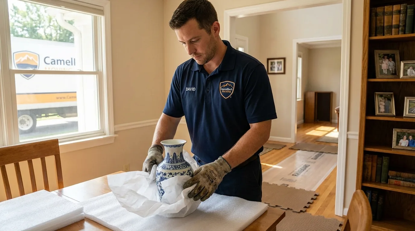 Professional crew carefully wrapping antique vase for senior downsizing move in Chula Vista, CA